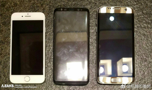 Slash Leaks, trang công nghệ khá nổi tiếng trong việc đăng tin về những sản phẩm chưa ra mắt, đã chia sẻ hình ảnh được cho là mặt trước của Galaxy S8 kẹp giữa iPhone 7 và Galaxy S7.
